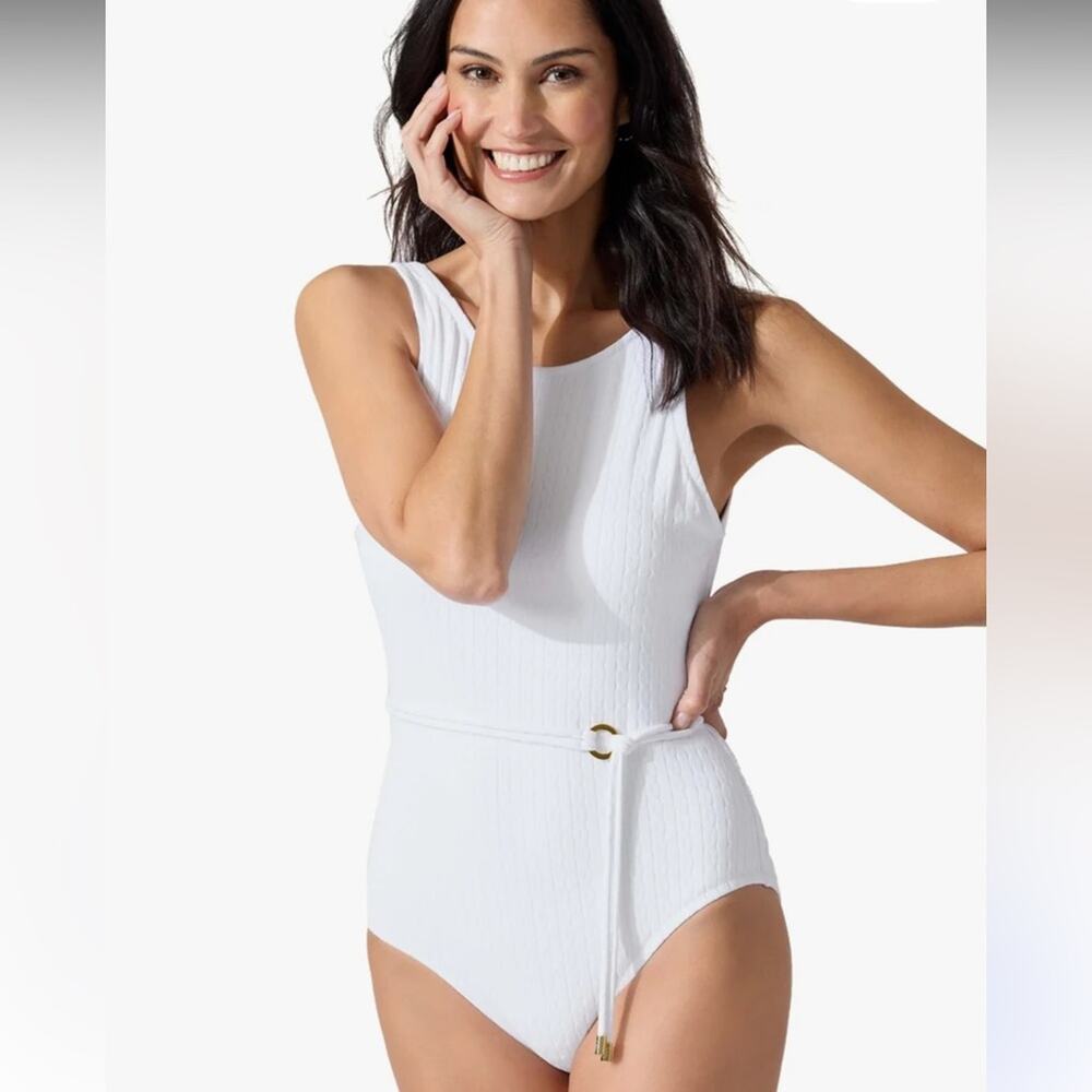 Tommy Bahama Womens Cable Beach High Neck Belted White One Piece Swimsuit Size 4